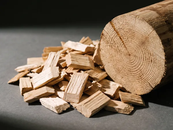 Hardwood chips beside a cut log showing growth rings